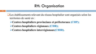RH: Organisation
75
Les établissements relevant du réseau hospitalier sont organisés selon les
territoires de santé en :
➢Centres hospitaliers provinciaux et préfectoraux (CHP);
➢Centres hospitaliers régionaux (CHR);
➢Centres hospitaliers interrégionaux(CHIR).
 