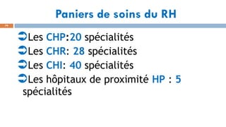 Paniers de soins du RH
79
Les CHP:20 spécialités
Les CHR: 28 spécialités
Les CHI: 40 spécialités
Les hôpitaux de proximité HP : 5
spécialités
 