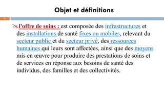 Objet et définitions
8
l'offre de soins : est composée des infrastructures et
des installations de santé fixes ou mobiles, relevant du
secteur public et du secteur privé, des ressources
humaines qui leurs sont affectées, ainsi que des moyens
mis en œuvre pour produire des prestations de soins et
de services en réponse aux besoins de santé des
individus, des familles et des collectivités.
 