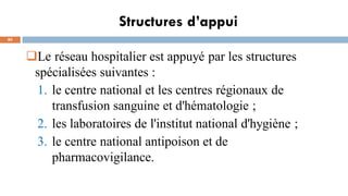 Structures d’appui
80
Le réseau hospitalier est appuyé par les structures
spécialisées suivantes :
1. le centre national et les centres régionaux de
transfusion sanguine et d'hématologie ;
2. les laboratoires de l'institut national d'hygiène ;
3. le centre national antipoison et de
pharmacovigilance.
 