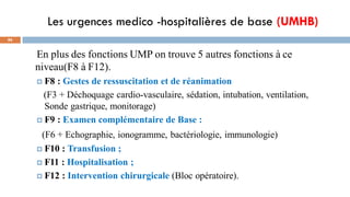 Les urgences medico -hospitalières de base (UMHB)
86
En plus des fonctions UMP on trouve 5 autres fonctions à ce
niveau(F8 à F12).
 F8 : Gestes de ressuscitation et de réanimation
(F3 + Déchoquage cardio-vasculaire, sédation, intubation, ventilation,
Sonde gastrique, monitorage)
 F9 : Examen complémentaire de Base :
(F6 + Echographie, ionogramme, bactériologie, immunologie)
 F10 : Transfusion ;
 F11 : Hospitalisation ;
 F12 : Intervention chirurgicale (Bloc opératoire).
 
