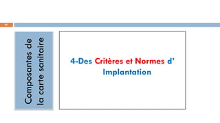 97
Composantes
de
la
carte
sanitaire
4-Des Critères et Normes d’
Implantation
 