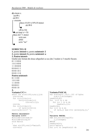 Bacalaureat 2008 – Modele de rezolvare

d) citeste x
  aux x
 ok1 1
┌ executa
│        ┌daca x%10>x/10%10 atunci
│        │       ok1 0
│        └
│        x [x/10]
└ cat timp x>=10
┌daca ok1=1 atunci
│        scrie aux
│        altfel
│        scrie “nu”
└

SUBIECTUL II
1. pentru intensiv c, pentru neintensiv 2
2. pentru intensiv b, pentru neintensiv a
3. Pentru intensiv
Graful este format din doua subgrafuri ce au câte 3 noduri si 3 muchii fiecare.
011000
101000
110000
000011
000101
000110
Pentru neintensiv
01100
10100
11000
00001
00010
4.
Varianta C/C++                               Varianta PASCAL
short int a[10][10],n,m,i,j,k;               Var a:array[1..10,1..10] of byte;
 cin>>n>>m;                                      n,m,i,j,k:integer;
 for (i=1;i<=n;i++)                          readln(n,m);
       for(j=1;j<=m;j++)                     for i:=1 to n do
              cin>>a[i][j];                     for j:= 1 to m do
 cin>>k;                                            read(a[i,j]);
 for (i=1;i<=m;i++)                          readln(k);
       if (a[k][i]%2==1)                     for i:=1 to m do
cout<<a[k][i]<<' ';                              if (a[k,j] mod 2=1) write(a[k,j],’
                                             ‘);
Pentru neintensiv
Varianta C/C++                               Varianta PASCAL
#include<iostream.h>                         VAR sir,voc:string[25];
#include<string.h>                               i,j:integer;
void main()                                  BEGIN
{                                            readln(sir);
 char sir[25],voc[]="aeiou";                 voc:='aeiou';
 cin>>sir;                                   for i:=1 to length(sir) do
                                                                                  281
 