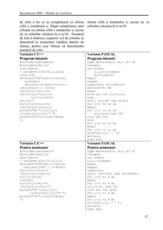 Bacalaureat 2008 – Modele de rezolvare

de cifre a lui n) se completează cu ultima ultima cifră a numărului n, acesta îşi va
cifră a numărului n. După completarea unei schimba valoarea în n=n/10.
coloane cu ultima cifră a numărului n, acesta
îşi va schimba valoarea în n=n/10. Numărul
de linii a matricei, respectiv cel de coloane se
determină în momentul validării datelor de
intrare, pentru care trebuie să determinăm
numărul de cifre.
Varianta C/C++                                   Varianta PASCAL
Program intensiv                           Program intensiv
#include<iostream.h>                       type mat=array[1..8,1..8] of
#include<stdio.h>                          integer;
void main()                                var a:mat;
{ unsigned a[9][9],i,j,nc;                     i,j,nc:integer;
long n,m;                                      m,n:longint;
do{scanf("%D",&n);//cin>>n;                begin
   nc=0;m=n;                               repeat
   while(m!=0){m=m/10;nc++;}               readln(n); nc:=0;m:=n;
}while(nc>8 || n<=0);                      while(m<>0) do
for(j=1;j<=nc;j++)                         begin
{for(i=1;i<=nc;i++)                        m:=m div 10; nc:=nc+1;
       a[i][j]=n%10;                       end;
n=n/10;}                                   until (nc<=8) and (n>0);
for(i=1;i<=nc;i++)                         for j:=1 to nc do
{for(j=1;j<=nc;j++)                        begin
printf("%d ",a[i][j]);                     for i:=1 to nc do
//cout<<a[i][j]<<" ";                          a[i,j]:=n mod 10;
printf("n");//cout<<endl;                 n:=n div 10;
}}                                         end;
                                           for i:=1 to nc do
                                           begin
                                           for j:=1 to nc do
                                           write(a[i,j], ' ');
                                           writeln;
                                           end; end.
Varianta C/C++                             Varianta PASCAL
Pentru neintensiv                          Pentru neintensiv
#include<iostream.h>                       type mat=array[1..4,1..4] of
#include<stdio.h>                          integer;
void main()                                var a:mat;
{ unsigned a[5][5],n,i,j;                  n,i,j:integer;
do{scanf("%d",&n);//cin>>n;                begin
  }while(n<1000 || n>9999);                repeat
for(j=1;j<=4;j++)                          readln(n);
{for(i=1;i<=4;i++)                         until (n>=1000) and (n<=9999);
a[i][j]=n%10;                              for j:=1 to 4 do
n=n/10;}                                   begin
for(i=1;i<=4;i++)                          for i:=1 to 4 do
{for(j=1;j<=4;j++)                         a[i,j]:=n mod 10;
printf("%d ",a[i][j]);                     n:=n div 10; end;
      //cout<<a[i][j]<<" ";                for i:=1 to 4 do
printf("n");//cout<<endl;                 begin
}}                                         for j:=1 to 4 do
                                           write(a[i,j], ' ' );
                                           writeln;
                                           end; end.

                                                                                 57
 