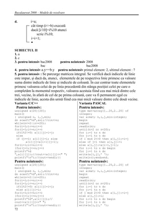 Bacalaureat 2008 – Modele de rezolvare

d.          i=a;
            cât timp (i<=b) execută
            dacă [i/10]=i%10 atunci
                 scrie i%10;
            i=i+1;


SUBIECTUL II
1. a
2. c
3. pentru intensiv bac2008      pentru neintensiv 2008
                   bac                             bac2008
4. pentru intensiv a.y==b.y pentru neintensiv primul element: 2, ultimul element : 7
5. pentru intensiv : Se parcurge matricea integral. Se verifică dacă indicele de linie
este impar, şi dacă da, atunci, elementele de pe respectiva linie primesc ca valoare
suma dintre indicele de linie şi indicele de coloană. În caz contrar toate elementele
primesc valoarea celui de pe linia precedentă din stânga poziţiei celei pe care o
completăm la momentul respectiv, valoarea acestuia fiind cea mai mică dintre cele
trei, vecine, în afară de cel de pe prima coloană, care va fi permanent egal cu
indicele de linie, acesta din urmă fiind cea mai mică valoare dintre cele două vecine.
Varianta C/C++                                Varianta PASCAL
 Pentru intensiv:                             Pentru intensiv:
unsigned a[20][20];                           type mat=array[1..20,2..20] of
main()                                        integer;
{ unsigned n, i,j,min;                        var a:mat; n,i,j,min:integer;
do scanf(”%d”,&n);//cin>>n;                   begin
while(n<=2||n>=20);                           repeat
for(i=1;i<=n;i++)                             readln(n);
for(j=1;j<=n;j++)                             until(n>2 or n<20);
 if(i%2!=0) a[i][j]=i+j;                      for i:=1 to n do
 else                                         for j:=1 to n do
 if (j==1) a[i][j]=i; else                    if i mod 2<>0 then a[i,j]:=i+j
       a[i][j]=a[i-1][j-1];                   else if j=1 then a[i,j]:=i
for(i=1;i<=n;i++)                             else a[i,j]:=a[i-1,j-1];
{for(j=1;j<=n;j++)                            for i:=1 to n do begin
printf(”%d                                    for j:=1 to n do
”,a[i][j]);//cout<<a[i][j]<<" ";              write(a[i,j],’ ‘);
printf(”n”);//cout<<endl;}}                  writeln();end;end.
Pentru neintensiv:                            Pentru neintensiv:
unsigned a[20][20];                           type mat=array[1..20,2..20] of
main()                                        integer;
{ unsigned n, i,j,min;                        var a:mat; n,i,j,min:integer;
do scanf(”%d”,&n);//cin>>n;                   begin
while(n<=2||n>=20);                           repeat
for(i=1;i<=n;i++)                             readln(n);
for(j=1;j<=n;j++)                             until(n>2 or n<20);
 if(j%2!=0) a[i][j]=i+j;                      for i:=1 to n do
 else a[i][j]=i;                              for j:=1 to n do
for(i=1;i<=n;i++)                             if j mod 2<>0 then a[i,j]:=i+j
{for(j=1;j<=n;j++)                            else a[i,j]:=i;
printf(”%d”,a[i][j]);//                       for i:=1 to n do begin
cout<<a[i][j]<<" ";                           for j:=1 to n do
printf(”n”);//cout<<endl;}}                  write(a[i,j],’ ‘);
72
 