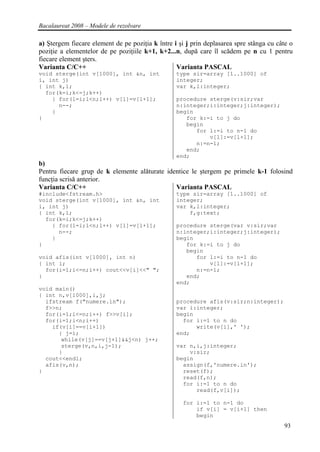 Bacalaureat 2008 – Modele de rezolvare

a) Ştergem fiecare element de pe poziţia k între i şi j prin deplasarea spre stânga cu câte o
poziţie a elementelor de pe poziţiile k+1, k+2...n, după care îl scădem pe n cu 1 pentru
fiecare element şters.
Varianta C/C++                                    Varianta PASCAL
void sterge(int v[1000], int &n, int              type sir=array [1..1000] of
i, int j)                                         integer;
{ int k,l;                                        var k,l:integer;
  for(k=i;k<=j;k++)
    { for(l=i;l<n;l++) v[l]=v[l+1];               procedure sterge(v:sir;var
      n--;                                        n:integer;i:integer;j:integer);
    }                                             begin
}                                                    for k:=i to j do
                                                     begin
                                                        for l:=i to n-1 do
                                                            v[l]:=v[l+1];
                                                        n:=n-1;
                                                     end;
                                                  end;
b)
Pentru fiecare grup de k elemente alăturate identice le ştergem pe primele k-1 folosind
funcţia scrisă anterior.
Varianta C/C++                                 Varianta PASCAL
#include<fstream.h>                               type sir=array [1..1000] of
void sterge(int v[1000], int &n, int              integer;
i, int j)                                         var k,l:integer;
{ int k,l;                                            f,g:text;
  for(k=i;k<=j;k++)
    { for(l=i;l<n;l++) v[l]=v[l+1];               procedure sterge(var v:sir;var
      n--;                                        n:integer;i:integer;j:integer);
    }                                             begin
}                                                    for k:=i to j do
                                                     begin
void afis(int v[1000], int n)                           for l:=i to n-1 do
{ int i;                                                    v[l]:=v[l+1];
  for(i=1;i<=n;i++) cout<<v[i]<<" ";                    n:=n-1;
}                                                    end;
                                                  end;
void main()
{ int n,v[1000],i,j;
  ifstream f("numere.in");                        procedure afis(v:sir;n:integer);
  f>>n;                                           var i:integer;
  for(i=1;i<=n;i++) f>>v[i];                      begin
  for(i=1;i<n;i++)                                  for i:=1 to n do
    if(v[i]==v[i+1])                                    write(v[i],' ');
      { j=i;                                      end;
       while(v[j]==v[j+1]&&j<n) j++;
       sterge(v,n,i,j-1);                         var n,i,j:integer;
      }                                               v:sir;
  cout<<endl;                                     begin
  afis(v,n);                                        assign(f,'numere.in');
}                                                   reset(f);
                                                    read(f,n);
                                                    for i:=1 to n do
                                                        read(f,v[i]);

                                                    for i:=1 to n-1 do
                                                        if v[i] = v[i+1] then
                                                        begin
                                                                                         93
 