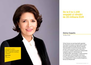 Cartea Antreprenorilor 2015 România | 191
Te-Rox Prod are cea mai importantă capacitate
de producție de scaune și accesorii pentru scaune
auto pentru copii din Europa, 98% din producție
fiind exportată în 52 de țări din Europa, America
de Nord, America de Sud și Asia. În anul 2011,
în urma unor investiții în valoare de 6 milioane EUR,
compania a ajuns la o cifră de afaceri de
20 milioane EUR, reprezentând o creștere de 89 de
ori în doar patru ani de activitate. Anul trecut,
în 2014, cifra de afaceri Te-Rox Prod s-a situat la
21,4 milioane EUR, în timp ce profitul înregistrat a
fost de 0,8 milioane EUR.
De la 0 la 1.100
angajați și vânzări
de 20 milioane EUR
Te-Rox Prod
Doina Cepalis
„Succesul nu este o
finalitate, iar eșecul nu este
fatal. Curajul de a continua
contează.”
Doina Cepalis
CEO
Te-Rox Prod
 