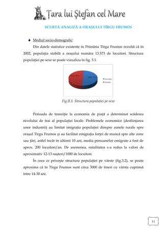 SCURTĂ ANALIZĂ A ORAŞULUI TÎRGU FRUMOS


    Mediul socio-demografic:
      Din datele statistice existente în Primăria Tîrgu Frumos rezultă că în
2002, populaţia stabilă a oraşului număra 13.573 de locuitori. Structura
populaţiei pe sexe se poate vizualiza în fig. 3.1.




                          Fig.II.1. Structura populaţiei pe sexe


      Perioada de tranziţie la economia de piaţă a determinat scăderea
nivelului de trai al populaţiei locale. Problemele economice (desfiinţarea
unor industrii) au limitat imigraţia populaţiei dinspre zonele rurale spre
oraşul Tîrgu Frumos şi au facilitat emigraţia forţei de muncă spre alte zone
sau ţări, astfel încât în ultimii 10 ani, media persoanelor emigrate a fost de
aprox. 200 locuitori/an. De asemenea, natalitatea s-a redus la valori de
aproximativ 12-13 naşteri/1000 de locuitori.
      În ceea ce priveşte structura populaţiei pe vârste (fig.3.2), se poate
aproxima că în Tîrgu Frumos sunt circa 3000 de tineri cu vârsta cuprinsă
între 14-30 ani.




                                                                                 11
 