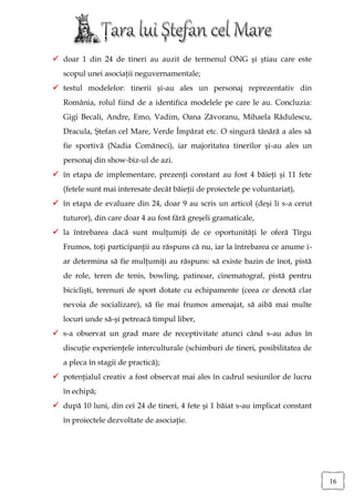  doar 1 din 24 de tineri au auzit de termenul ONG şi ştiau care este
   scopul unei asociaţii neguvernamentale;
 testul modelelor: tinerii şi-au ales un personaj reprezentativ din
   România, rolul fiind de a identifica modelele pe care le au. Concluzia:
   Gigi Becali, Andre, Emo, Vadim, Oana Zăvoranu, Mihaela Rădulescu,
   Dracula, Ştefan cel Mare, Verde Împărat etc. O singură tânără a ales să
   fie sportivă (Nadia Comăneci), iar majoritatea tinerilor şi-au ales un
   personaj din show-biz-ul de azi.
 în etapa de implementare, prezenţi constant au fost 4 băieţi şi 11 fete
   (fetele sunt mai interesate decât băieţii de proiectele pe voluntariat),
 în etapa de evaluare din 24, doar 9 au scris un articol (deşi li s-a cerut
   tuturor), din care doar 4 au fost fără greşeli gramaticale,
 la întrebarea dacă sunt mulţumiţi de ce oportunităţi le oferă Tîrgu
   Frumos, toţi participanţii au răspuns că nu, iar la întrebarea ce anume i-
   ar determina să fie mulţumiţi au răspuns: să existe bazin de înot, pistă
   de role, teren de tenis, bowling, patinoar, cinematograf, pistă pentru
   biciclişti, terenuri de sport dotate cu echipamente (ceea ce denotă clar
   nevoia de socializare), să fie mai frumos amenajat, să aibă mai multe
   locuri unde să-şi petreacă timpul liber,
 s-a observat un grad mare de receptivitate atunci când s-au adus în
   discuţie experienţele interculturale (schimburi de tineri, posibilitatea de
   a pleca în stagii de practică);
 potenţialul creativ a fost observat mai ales în cadrul sesiunilor de lucru
   în echipă;
 după 10 luni, din cei 24 de tineri, 4 fete şi 1 băiat s-au implicat constant
   în proiectele dezvoltate de asociaţie.




                                                                                 16
 