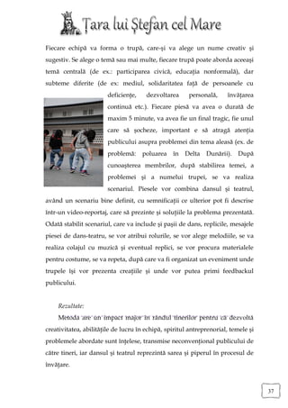 Fiecare echipă va forma o trupă, care-şi va alege un nume creativ şi
sugestiv. Se alege o temă sau mai multe, fiecare trupă poate aborda aceeaşi
temă centrală (de ex.: participarea civică, educaţia nonformală), dar
subteme diferite (de ex: mediul, solidaritatea faţă de persoanele cu
                        deficienţe,    dezvoltarea     personală,     învăţarea
                        continuă etc.). Fiecare piesă va avea o durată de
                        maxim 5 minute, va avea fie un final tragic, fie unul
                        care să şocheze, important e să atragă atenţia
                        publicului asupra problemei din tema aleasă (ex. de
                        problemă:     poluarea   în   Delta   Dunării).   După
                        cunoaşterea membrilor, după stabilirea temei, a
                        problemei şi a numelui trupei, se va realiza
                        scenariul. Piesele vor combina dansul şi teatrul,
având un scenariu bine definit, cu semnificaţii ce ulterior pot fi descrise
într-un video-reportaj, care să prezinte şi soluţiile la problema prezentată.
Odată stabilit scenariul, care va include şi paşii de dans, replicile, mesajele
piesei de dans-teatru, se vor atribui rolurile, se vor alege melodiile, se va
realiza colajul cu muzică şi eventual replici, se vor procura materialele
pentru costume, se va repeta, după care va fi organizat un eveniment unde
trupele îşi vor prezenta creaţiile şi unde vor putea primi feedbackul
publicului.


    Rezultate:
    Metoda are un impact major în rândul tinerilor pentru că dezvoltă
creativitatea, abilităţile de lucru în echipă, spiritul antreprenorial, temele şi
problemele abordate sunt înţelese, transmise neconvenţional publicului de
către tineri, iar dansul şi teatrul reprezintă sarea şi piperul în procesul de
învăţare.



                                                                                    37
 