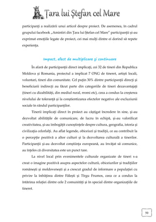 participanţi a realizării unui articol despre proiect. De asemenea, în cadrul
grupului facebook „Amintiri din Ţara lui Ştefan cel Mare” participanţii şi-au
exprimat emoţiile legate de proiect, cei mai mulţi dintre ei dorind să repete
experienţa.



               Impact, efect de multiplicare şi continuare

      În afară de participanţii direct implicaţi, cei 32 de tineri din Republica
Moldova şi Romania, proiectul a implicat 7 ONG de tineret, artişti locali,
voluntari, tineri din comunitate. Cel puţin 30% dintre participanţii direcţi şi
beneficiarii indirecţi au făcut parte din categoriile de tineri dezavantajaţi
(tineri cu dizabilităţi, din mediul rural, rromi etc), ceea a condus la creşterea
nivelului de toleranţă şi la conştientizarea efectelor negative ale excluziunii
sociale în rândul participanţilor.
      Tinerii implicaţi direct în proiect au câştigat încredere în sine, şi-au
dezvoltat abilităţile de comunicare, de lucru în echipă, şi-au valorificat
creativitatea, şi-au îmbogăţit cunoştinţele despre cultura, geografia, istoria şi
civilizaţia celorlalţi. Au aflat legende, obiceiuri şi tradiţii, ce au contribuit la
o percepţie pozitivă a altor culturi şi la dezvoltarea culturală a tinerilor.
Participanţii şi-au dezvoltat conştiinţa europeană, au învăţat să comunice,
au înţeles că diversitatea este un punct tare.
      La nivel local prin evenimentele culturale organizate de tineri s-a
creat o imagine pozitivă asupra aspectelor culturii, obiceiurilor şi tradiţiilor
româneşti şi moldoveneşti şi a crescut gradul de informare a populaţiei cu
privire la înfrăţirea dintre Făleşti şi Tîrgu Frumos, ceea ce a condus la
întărirea relaţiei dintre cele 2 comunităţi şi în special dintre organizaţiile de
tineret.




                                                                                       50
 