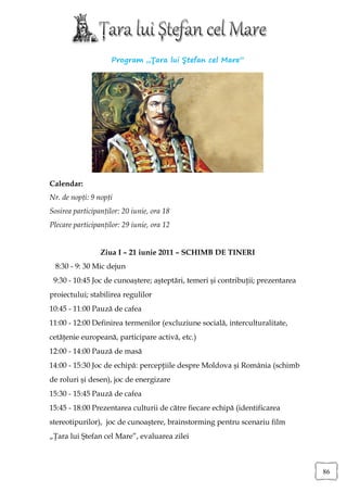 Program „Ţara lui Ştefan cel Mare”




Calendar:
Nr. de nopţi: 9 nopţi
Sosirea participanţilor: 20 iunie, ora 18
Plecare participanţilor: 29 iunie, ora 12


                 Ziua I – 21 iunie 2011 – SCHIMB DE TINERI
  8:30 - 9: 30 Mic dejun
 9:30 - 10:45 Joc de cunoaştere; aşteptări, temeri şi contribuţii; prezentarea
proiectului; stabilirea regulilor
10:45 - 11:00 Pauză de cafea
11:00 - 12:00 Definirea termenilor (excluziune socială, interculturalitate,
cetăţenie europeană, participare activă, etc.)
12:00 - 14:00 Pauză de masă
14:00 - 15:30 Joc de echipă: percepţiile despre Moldova şi România (schimb
de roluri şi desen), joc de energizare
15:30 - 15:45 Pauză de cafea
15:45 - 18:00 Prezentarea culturii de către fiecare echipă (identificarea
stereotipurilor), joc de cunoaştere, brainstorming pentru scenariu film
„Ţara lui Ştefan cel Mare”, evaluarea zilei



                                                                                 86
 
