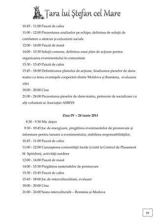 10:45 - 11:00 Pauză de cafea
11:00 - 12:00 Prezentarea analizelor pe echipe, definirea de soluţii de
combatere a sărăciei şi exluziunii sociale
12:00 - 14:00 Pauză de masă
14:00 - 15:30 Soluţii comune, definirea unui plan de acţiune pentru
organizarea evenimentului în comunitate
15:30 - 15:45 Pauză de cafea
15:45 - 18:00 Definitivarea planului de acţiune, finalizarea pieselor de dans-
teatru cu tema avantajele cooperării dintre Moldova şi România, evaluarea
zilei
18:00 - 20:00 Cina
21:00 - 24:00 Prezentarea pieselor de dans-teatru, petrecere de socializare cu
alţi voluntari ai Asociaţiei ASIRYS


                            Ziua IV – 24 iunie 2011
  8:30 - 9:30 Mic dejun
 9:30 - 10:45 Joc de energizare, pregătirea evenimentelor de promovare şi
informare pentru lansare a evenimentului, stabilirea responsabilităţilor,
10:45 - 11:00 Pauză de cafea
11:00 - 12:00 Cunoaşterea comunităţii locale (vizită la Centrul de Plasament
Sf. Spiridon), activităţi outdoor
12:00 - 14:00 Pauză de masă
14:00 - 15:30 Pregătirea materialelor de promovare
15:30 - 15:45 Pauză de cafea
15:45 - 18:00 Joc de interculturalitate, evaluare
18:00 - 20:00 Cina
21:00 - 24:00 Seara interculturală – România şi Modova




                                                                                 88
 