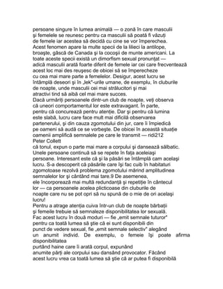 persoane singure în lumea animală — o zonă în care masculii
şi femelele se reunesc pentru ca masculii să poată fi văzuţi
de femele iar acestea să decidă cu cine se vor împerechea.
Acest fenomen apare la multe specii de la lilieci la antilope,
broaşte, gâscă de Canada şi la cocoşii de munte americani. La
toate aceste specii există un dimorfism sexual pronunţat —
adică masculii arată foarte diferit de femele iar cei care frecventează
acest loc mai des reuşesc de obicei să se împerecheze
cu cea mai mare parte a femelelor. Desigur, acest lucru se
întâmplă deseori şi în „lek"-urile umane, de exemplu, în cluburile
de noapte, unde masculii cei mai strălucitori şi mai
atractivi tind să aibă cel mai mare succes.
Dacă urmăriţi persoanele dintr-un club de noapte, veţi observa
că uneori comportamentul lor este extravagant. În parte,
pentru că concurează pentru atenţie. Dar şi pentru că lumina
este slabă, lucru care face mult mai dificilă observarea
partenerului, şi din cauza zgomotului din jur, care îi împiedică
pe oameni să audă ce se vorbeşte. De obicei în această situaţie
oamenii amplifică semnalele pe care le transmit — ridi212
Peter Collett
că tonul, expun o parte mai mare a corpului şi dansează sălbatic.
Unele persoane continuă să se repete în faţa aceleiaşi
persoane. Interesant este că şi la păsări se întâmplă cam acelaşi
lucru. S-a descoperit că păsările care îşi fac cuib în habitaturi
zgomotoase rezolvă problema zgomotului mărind amplitudinea
semnalelor lor şi cântând mai tare.9 De asemenea,
ele încorporează mai multă redundanţă şi repetiţie în cântecul
lor — ca persoanele acelea plicticoase din cluburile de
noapte care nu se pot opri să nu spună de o mie de ori acelaşi
lucru!
Pentru a atrage atenţia cuiva într-un club de noapte bărbaţii
şi femeile trebuie să semnaleze disponibilitatea lor sexuală.
Fac acest lucru în două moduri — fie „emit semnale tuturor"
pentru ca toată lumea să ştie că ei sunt disponibili din
punct de vedere sexual, fie „emit semnale selectiv" alegând
un anumit individ. De exemplu, o femeie îşi poate afirma
disponibilitatea
purtând haine care îi arată corpul, expunând
anumite părţi ale corpului sau dansând provocator. Făcând
acest lucru vrea ca toată lumea să ştie că ar putea fi disponibilă
 