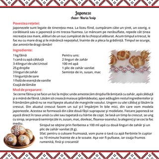 Japoneze
Ingrediente:
1 kg făină
1 cană cu apă călduță
3-4 linguri de ulei Unisol
25 g drojdie
3 linguri de zahăr
1 linguriță de sare
1 fiolă de esență de vanilie
Coajă de lămâie
Autor: Maria Iosip
Mod de preparare:
Se cerne făina şi se face un loc la mijloc unde amestecăm drojdia fărâmițată cu zahăr, apă călduţă
şi o mână de făină. Lăsăm să crească maiaua (plămădeala), apoi adăugăm restul ingredientelor şi
frământăm până nu se mai lipeşte aluatul de marginile vasului. Ungem cu ulei călduţ şi lăsăm la
crescut. Din aluatul crescut facem un sul şi-l împărţim în bile mici, din care vom modela
japonezele. Acestea se formează din câte două fâșii suprapuse şi modelate. Fiecare japoneză se
aşază direct în tava unsă cu ulei sau tapetată cu hârtie de copt. Se lasă un timp la crescut, se ung
cu sirop, se presară seminţe (de in, susan, mac, dovleac, floarea-soarelui, la alegere) şi se coc la foc
mediu.
Povestea rețetei:
Japonezele sunt legate de tinerețea mea. La liceu fiind, cumpăram câte un șiret, un covrig, o
corăbioară sau o japoneză și-mi trecea foamea. Le mâncam pe nerăsuflate, repede cât ținea
recreația cea mare, alături de un suc cumpărat de la chioșcul alăturat. Acum timpul a trecut, le
fac eu cu mare drag și le mănâncă nepoțelul, înainte de a pleca la grădiniță. Timpul se scurge,
dar amintirile dragi rămân!
Pentru uns:
2 linguri de zahăr
100 ml apă
1 plic de zahăr vanilat
Semințe de in, susan, mac
Siropul se obţine prin fierberea a 100 ml apă cu două linguri de zahăr şi un
plic de zahăr vanilat (8 g).
Sfat: pentru o culoare frumoasă, vom pune o tavă cu apă fierbinte în cuptor
cu 10 minute înainte de a le scoate. Aşa vor fi pufoase, iar coaja frumos
rumenită, fină şi crocantă!
 