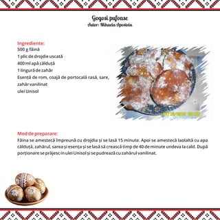 Gogosi pufoase
Ingrediente:
500 g făină
1 plic de drojdie uscată
400 ml apă călduță
1 lingură de zahăr
Esență de rom, coajă de portocală rasă, sare,
zahăr vanilinat
ulei Unisol
Autor: Mihaela Apostoiu
Mod de preparare:
Făina se amestecă împreună cu drojdia și se lasă 15 minute. Apoi se amestecă laolaltă cu apa
călduță, zahărul, sarea și esența și se lasă să crească timp de 40 de minute undeva la cald. După
porționare se prăjesc in ulei Unisol și se pudrează cu zahărul vanilinat.
 