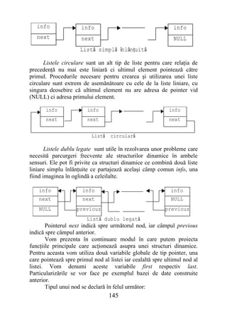 info               info                                    info
   next               next                                    NULL
                     Listă simplă înlănţuită

      Listele circulare sunt un alt tip de liste pentru care relaţia de
precedenţă nu mai este liniară ci ultimul element pointează către
primul. Procedurile necesare pentru crearea şi utilizarea unei liste
circulare sunt extrem de asemănătoare cu cele de la liste liniare, cu
singura deosebire că ultimul element nu are adresa de pointer vid
(NULL) ci adresa primului element.

       info              info                               info
       next              next                               next


                          Listă    circulară

       Listele dublu legate sunt utile în rezolvarea unor probleme care
necesită parcurgeri frecvente ale structurilor dinamice în ambele
sensuri. Ele pot fi privite ca structuri dinamice ce combină două liste
liniare simplu înlănţuite ce partajează acelaşi câmp comun info, una
fiind imaginea în oglindă a celeilalte.

    info              info                                   info
    next              next                                   NULL
    NULL            previous                              previous
                        Listă dublu legată
       Pointerul next indică spre următorul nod, iar câmpul previous
indică spre câmpul anterior.
       Vom prezenta în continuare modul în care putem proiecta
funcţiile principale care acţionează asupra unei structuri dinamice.
Pentru aceasta vom utiliza două variabile globale de tip pointer, una
care pointează spre primul nod al listei iar cealaltă spre ultimul nod al
listei. Vom denumi aceste variabile first respectiv last.
Particularizările se vor face pe exemplul bazei de date construite
anterior.
       Tipul unui nod se declară în felul următor:
                                  145
 