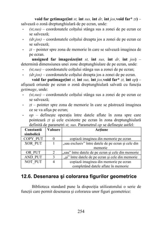 void far getimage(int st, int sus, int dr, int jos,void far* zt) –
salvează o zonă dreptunghiulară de pe ecran, unde:
 - (st,sus) – coordonatele colţului stânga sus a zonei de pe ecran ce
     se salvează;
 - (dr,jos) – coordonatele colţului dreapta jos a zonei de pe ecran ce
     se salvează;
 - zt – pointer spre zona de memorie în care se salvează imaginea de
     pe ecran.
       unsigned far imagesize(int st, int sus, int dr, int jos) –
determină dimensiunea unei zone dreptunghiulare de pe ecran, unde:
 - (st,sus) – coordonatele colţului stânga sus a zonei de pe ecran;
 - (dr,jos) – coordonatele colţului dreapta jos a zonei de pe ecran.
       void far putimage(int st, int sus, int jos,void far* zt, int op) –
afişează oriunde pe ecran o zonă dreptunghiulară salvată cu funcţia
getimage, unde:
 - (st,sus) – coordonatele colţului stânga sus a zonei de pe ecran ce
     se salvează;
 - zt – pointer spre zona de memorie în care se păstrează imaginea
     ce se va afişa pe ecran;
 - op – defineşte operaţia între datele aflate în zona spre care
     pointează zt şi cele existente pe ecran în zona dreptunghiulară
     definită de parametri st, sus. Parametrul op se defineşte astfel:
 Constantă      Valoare                        Acţiune
 simbolică
 COPY_PUT          0           copiază imaginea din memorie pe ecran
 XOR_PUT           1      „sau exclusiv” între datele de pe ecran şi cele din
                                                memorie
   OR_PUT          2      „sau” între datele de pe ecran şi cele din memorie
  AND_PUT          3       „şi” între datele de pe ecran şi cele din memorie
  NOT_PUT          4           copiază imaginea din memorie pe ecran
                                 completând datele aflate în memorie

12.6. Desenarea şi colorarea figurilor geometrice
       Biblioteca standard pune la dispoziţia utilizatorului o serie de
funcţii care permit desenarea şi colorarea unor figuri geometrice:



                                    254
 