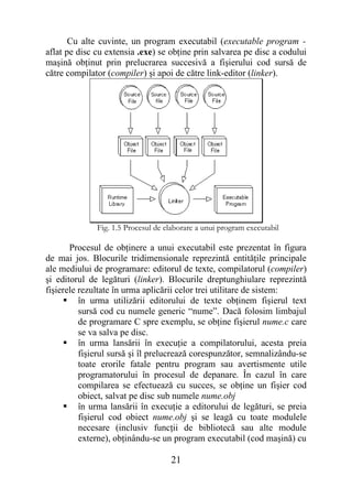 Cu alte cuvinte, un program executabil (executable program -
aflat pe disc cu extensia .exe) se obţine prin salvarea pe disc a codului
maşină obţinut prin prelucrarea succesivă a fişierului cod sursă de
către compilator (compiler) şi apoi de către link-editor (linker).




              Fig. 1.5 Procesul de elaborare a unui program executabil

       Procesul de obţinere a unui executabil este prezentat în figura
de mai jos. Blocurile tridimensionale reprezintă entităţile principale
ale mediului de programare: editorul de texte, compilatorul (compiler)
şi editorul de legături (linker). Blocurile dreptunghiulare reprezintă
fişierele rezultate în urma aplicării celor trei utilitare de sistem:
      în urma utilizării editorului de texte obţinem fişierul text
          sursă cod cu numele generic “nume”. Dacă folosim limbajul
          de programare C spre exemplu, se obţine fişierul nume.c care
          se va salva pe disc.
      în urma lansării în execuţie a compilatorului, acesta preia
          fişierul sursă şi îl prelucrează corespunzător, semnalizându-se
          toate erorile fatale pentru program sau avertismente utile
          programatorului în procesul de depanare. În cazul în care
          compilarea se efectuează cu succes, se obţine un fişier cod
          obiect, salvat pe disc sub numele nume.obj
      în urma lansării în execuţie a editorului de legături, se preia
          fişierul cod obiect nume.obj şi se leagă cu toate modulele
          necesare (inclusiv funcţii de bibliotecă sau alte module
          externe), obţinându-se un program executabil (cod maşină) cu

                                    21
 