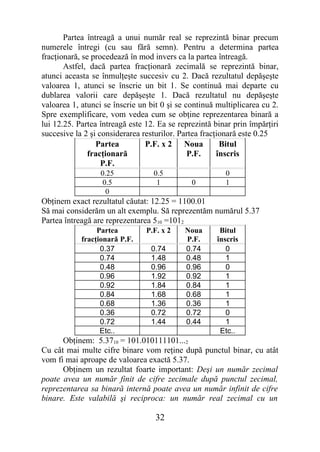 Partea întreagă a unui număr real se reprezintă binar precum
numerele întregi (cu sau fără semn). Pentru a determina partea
fracţionară, se procedează în mod invers ca la partea întreagă.
       Astfel, dacă partea fracţionară zecimală se reprezintă binar,
atunci aceasta se înmulţeşte succesiv cu 2. Dacă rezultatul depăşeşte
valoarea 1, atunci se înscrie un bit 1. Se continuă mai departe cu
dublarea valorii care depăşeşte 1. Dacă rezultatul nu depăşeşte
valoarea 1, atunci se înscrie un bit 0 şi se continuă multiplicarea cu 2.
Spre exemplificare, vom vedea cum se obţine reprezentarea binară a
lui 12.25. Partea întreagă este 12. Ea se reprezintă binar prin împărţiri
succesive la 2 şi considerarea resturilor. Partea fracţionară este 0.25
                 Partea         P.F. x 2 Noua           Bitul
               fracţionară                    P.F.     înscris
                   P.F.
                  0.25            0.5                   0
                   0.5             1          0         1
                    0
Obţinem exact rezultatul căutat: 12.25 = 1100.01
Să mai considerăm un alt exemplu. Să reprezentăm numărul 5.37
Partea întreagă are reprezentarea 510 =1012
                 Partea         P.F. x 2    Noua       Bitul
            fracţionară P.F.                P.F.      înscris
                  0.37           0.74       0.74         0
                  0.74           1.48       0.48         1
                  0.48           0.96       0.96         0
                  0.96           1.92       0.92         1
                  0.92           1.84       0.84         1
                  0.84           1.68       0.68         1
                  0.68           1.36       0.36         1
                  0.36           0.72       0.72         0
                  0.72           1.44       0.44         1
                  Etc..                                Etc..
      Obţinem: 5.3710 = 101.010111101...2
Cu cât mai multe cifre binare vom reţine după punctul binar, cu atât
vom fi mai aproape de valoarea exactă 5.37.
      Obţinem un rezultat foarte important: Deşi un număr zecimal
poate avea un număr finit de cifre zecimale după punctul zecimal,
reprezentarea sa binară internă poate avea un număr infinit de cifre
binare. Este valabilă şi reciproca: un număr real zecimal cu un

                                   32
 