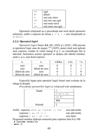 ==         egal
                     !=         diferit
                     <          mai mic strict
                     <=         mai mic sau egal
                     >          mai mare strict
                     >=         mai mare sau egal
      Operatorii relaţionali au o precedenţă mai mică decât operatorii
aritmetici, astfel o expresie de forma a < b + c este interpretată ca
a<(b+c).

4.2.4. Operatori logici
       Operatorii logici binari && (ŞI, AND) şi || (SAU, OR) precum
şi operatorul logic unar de negare “!“ (NOT), atunci când sunt aplicaţi
unor expresii, conduc la valori întregi 0 şi 1, cu semnificaţia fals şi
adevărat. Semantica acestor operatori se deduce din tabelul următor,
unde e1 şi e2 sunt două expresii:
         e1                 e2            e1&&e2      e1||e2      ! e1
       zero               zero              0            0         1
       zero          diferit de zero        0            1         1
  diferit de zero         zero              0            1         0
  diferit de zero    diferit de zero        1            1         0

      Expresiile legate prin operatori logici binari sunt evaluate de la
stânga la dreapta.
      Precedenţa operatorilor logici şi relaţionali este următoarea:
                       Înaltă              !
                                           > >= < <=
                                           == !=
                                           &&
                      Scăzută              ||

Astfel, expresia: 10>5 && !(10<9) || 3<4          este adevarată;
       expresia: 1 && !0 || 1                     este adevarată;
       expresia; 1 && ! (0 ||1)                   este falsă.
Programul următor tipăreşte numerele pare cuprinse între 0 şi 100.
 # include <stdio.h>
 main ()

                                   68
 