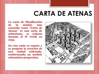 CARTA DE ATENAS 
La carta de Planificación 
de la ciudad, mas 
conocida como “Carta de 
Atenas” es una carta de 
urbanismo, se redacto 
durante el IV CIAM en 
1933. 
En esta carta se expone y 
se propone la creación de 
una ciudad ordenada, 
conformando un modelo 
urbanístico progresista. 
 