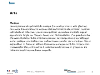 TITRE DE LA PRÉSENTATION JJ/MM/AAAA
Arts
20
Musique
L’enseignement de spécialité de musique (classe de première, voie générale)
développe les compétences fondamentales nécessaires à l’expression musicale
individuelle et collective. Les élèves acquièrent une culture musicale large et
approfondie forgée par l’écoute, l’analyse et l’interprétation d’un grand nombre
d’œuvres. Ils réalisent des projets musicaux et développent ainsi leur réflexion
sur les pratiques musicales et sur les fonctions assumées par la musique, hier et
aujourd’hui, en France et ailleurs. Ils construisent également des compétences
transversales liées, entre autres, à la réalisation de travaux en groupe ou à la
présentation de travaux devant un public.
 