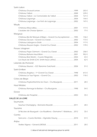 L’abus d’alcool est dangereux pour la santé
Saint-Julien
Château Gruaud-Larose .....................................................................1999 203 €
Château Talbot.....................................................................................2000 229 €
Château Talbot – Le Connetable de Talbot ....................................2004 121 €
Château Lagrange ..............................................................................2004 144 €
Château Lagrange – Les Fiefs de Lagrange ....................................2002 147 €
Moulis
Château Maucaillou............................................................................2001 117 €
L'oratoire de Chasse-Spleen ...............................................................2002 77 €
Margaux
Château Bel Air Marquis d'Aligre – Grand Cru Exceptionnel.........1995 136 €
Château Gicours – Grand Cru Classé...............................................2002 173 €
Château Labegorce-Zédé..................................................................2004 117 €
Château Rauzan-Segla – Grand Cru Classé....................................2002 179 €
Pessac Léognan
Château Pape Clément – Grand Cru Classé ..................................2002 258 €
Château Bahans Haut-Brion ...............................................................2001 952 €
Château Bois Martin – Cuvée Magnolia...........................................2003 43 €
Les Hauts de Smith (Cht. Smith Haut Lafitte).....................................2004 62 €
Lalande-de-Pomerol
Château Siaurac – SCE Baronne Guichard......................................2004 51 €
Saint-Emilion
Château Angélus – 1er Grand Cru Classé.........................................1998 613 €
Château La Tour Figeac – Grand Cru ...............................................2002 118 €
Côtes de Blaye
Château Peybonhomme-les-Tours – Cru Bourgeois........................2011 28 €
Haut Médoc
Château Ramage la Batisse – Cru Bourgeois...................................1998 54 €
Grave
Château de l'hospital...........................................................................2003 35 €
VALLÉE DE LA LOIRE
Saumurois
Saumur Champigny – Domaine Bourdin...........................................2011 28 €
Touraine
St Nicolas de Bourgueil – Les Rouillères – Domaine F. Mabileau....2012 35 €
Centre
Sancerre – Cuvée Romble – Vignoble Dauny..................................2010 57 €
Anjou
Vieilles Vignes – Gérard LEROUX.........................................................2011 28 €
 