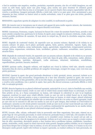o lasi in societate este negativa, sumbra, pesimista; reputatie proasta, risc de a-ti stirbi imaginea; nu esti
vazut cu ochi buni; (prea mare sau prea lunga, prea scurta sau prea stramta) iti estimezi gresit
capacitatile, nu vei face fata la ceea ce ai inceput; nu ai o parere foarte clara asupra capacitatilor tale de a
rezolva o problema; (neagra) perioada dificila a vietii tale, totul si se pare grav, trist, pesimismul a pus
stapanire pe tine; trebuie sa tratezi totul cu multa seriozitate; viata ti se pare grea sau trista; pierderi,
necazuri, lacrimi.
ROGOJINA: capacitate sporita de adaptare in orice conditii, te multumesti cu putin.
ROI: (de insecte care te inconjoara sau te ataca) esti agasat de prea multe aspecte minore, dar insistente;
iritabilitate crescuta; (care zboara intr-o singura directie) vezi turma.
ROSIE: (sanatoasa, frumoasa, coapta, lucioasa) te bucuri de o stare de sanatate foarte buna, acorda o mai
mare atentie corpului tau; pastreaza-te in forma; fa sport; pune sangele in miscare; (stricata, cruda, urata,
lovita) posibile probleme de sanatate, fii mai atent cu corpul tau, fii atent la circulatia sangvina, inima,
muschi, piele.
ROSU: depinde de contextul visului, de aspectele care au aceasta culoare; depinde si de relatia ta cu
aceasta culoare: iti place, nu-ti place; perioada agitata, furie, putere, stimulent, vigoare, lupta, atac,
miscare, actiune, initiativa, curaj, indrazneala, tupeu, agresivitate, impulsivitate, temperament puternic,
energie fizica, expansiune, entuziasm, furie, nerabdare, gelozie, razbunare; sexualitate, mare pasiune,
atractie fizica.
ROZ: depinde de contextul visului, de aspectele care au aceasta culoare; depinde si de relatia ta cu aceasta
culoare: iti place, nu-ti place; perioada calda a vietii tale, lipsa de griji, idila, romantism, rasfat, alintare,
feminitate, snobism, naivitate, dulcegarii, vorbe mieroase, minciuni; intimitate, sensibilitate,
superficialitate, puritate, bucurie, tandrete.
RUBIN: pasiune oarba, dragoste nebuna, esti implicat sau visezi la iubirea vietii tale, atractie sexuala
fantastica fata de cineva; posibile probleme ale sangelui: hemoragie, scurgeri de sange, rani; vezi rosu sau
pietre pretioase.
RUCSAC: (purtat in spate, dar greu) perioada obositoare a vietii, greutati, stress, necazuri, trebuie sa te
descurci singur in fata necazurilor; incapacitatea de a face fata stresului; (purtat in spate, dar usor) te
descurci foarte bine in fata greutatilor, stii sa iesi din impas, ai capacitatea si cunostintele necesare pentru
a rezolva orice problema; (nu e purtat in spate, face parte din decor) urmeaza o perioada dificila a vietii
tale, te asteapta greutati.
RUDE: descriu legatura ta cu planul relational apropiat, anturajul de zi cu zi, viata ta familiala sau sociala,
in functie de contextul visului; (rude cu care esti in relatii bune acum) relatii bune cu anturajul, te simti
bine printre ai tai, ai o buna comunicare cu lumea, esti integrat in colectivul in care te-ai implicat;
impacari, rezolvari in cazul unor relatii dificile; (rude cu care nu esti in relatii bune) nu te simti bine
printre ai tai, ceva lipseste pentru a avea o comunicare buna cu lumea, te simti singur, planul relational
este defectuos; nu esti multumit de relatiile tale cu anturajul; riscul de a te certa cu cineva apropiat; (rude
pe care nici nu le cunosti) te afli intr-un mediu in care nu te poti integra, desi trebuie sa-l frecventezi in
continuare; senzatia ca esti strain printre cunoscuti; (rude pe care nu le-ai mai vazut demult sau rude care
au murit) iti lipseste ceva din trecut, ceva ce-ti conferea sentimentul de apartenenta la un mediu intim;
duci dorul unor perioade in care planul relational mergea mult mai bine.
RUFE: (curate, albe, calcate, ordonate) viata ta personala este bine organizata, fara pata, nimeni nu se
poate lega de vreo greseala personala; te simti nevinovat; perioada buna a vietii tale, esti mandru de tine,
poti oricand sa te prezinti in fata oricui, pentru ca te consideri curat; (intinse la uscat) esti pe cale sa
rezolvi o problema ce tine de imaginea ta in societate; trebuie sa-ti ceri scuze sau sa repari o eroare comisa
fata de altii; sinceritate, dezvaluiri pentru a face lumina intr-o problema intima; confidente; (murdare,
patate, mototolite, vechi, rupte) te simti vinovat de niste greseli; imagine publica stirbita; nu ai o impresie
prea buna despre tine si despre viata ta intima; ai ceva de ascuns din viata ta intima; ti-e teama sa nu si se
descopere unele greseli; (speli rufe) trebuie sa repari o greseala, sa readuci ordinea in viata personala, nu
 