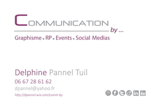 dpannel@yahoo.fr
06 67 28 61 62
Delphine Pannel Tuil
http://dpannel.wix.com/comm-by
Graphisme RP Events Social Medias
COMMUNICATION
by ...
 