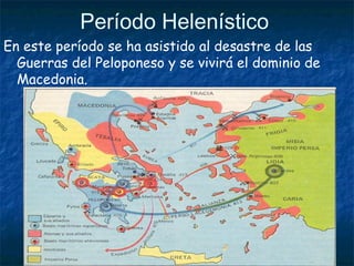 Período Helenístico
En este período se ha asistido al desastre de las
Guerras del Peloponeso y se vivirá el dominio de
Macedonia.
 