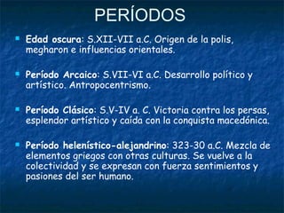 PERÍODOS
 Edad oscura: S.XII-VII a.C. Origen de la polis,
megharon e influencias orientales.
 Período Arcaico: S.VII-VI a.C. Desarrollo político y
artístico. Antropocentrismo.
 Período Clásico: S.V-IV a. C. Victoria contra los persas,
esplendor artístico y caída con la conquista macedónica.
 Período helenístico-alejandrino: 323-30 a.C. Mezcla de
elementos griegos con otras culturas. Se vuelve a la
colectividad y se expresan con fuerza sentimientos y
pasiones del ser humano.
 