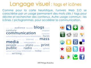 Langage visuel : tags et icônes
Comme pour la carte heuristique, l'univers Web 2.O se
caractérise par un usage permanent des mots clés / tags pour
décrire et rechercher des contenus. Autre usage commun : les
icônes / pictogrammes, pour accélérer la communication.




                        2009 Philippe Boukobza
 