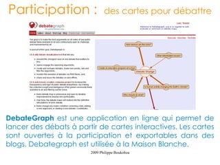 Participation :                des cartes pour débattre




DebateGraph est une application en ligne qui permet de
lancer des débats à partir de cartes interactives. Les cartes
sont ouvertes à la participation et exportables dans des
blogs. Debategraph est utilisée à la Maison Blanche.
                        2009 Philippe Boukobza
 