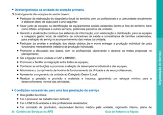 24 Carteira de Serviços na APS Guia de Referência Rápida
OrganizaçãodoServiço
● Diretor/gerência da unidade de atenção primaria.
O diretor/gerente das equipes de saúde devem:
Participar da elaboração do diagnóstico local do território com os profissionais e a comunidade anualmente
e elaborar plano de ação para o ano seguinte;
Atuar junto às equipes na identificação de equipamentos sociais existentes dentro e fora do território, bem
como ONGs, empresas e outros serviços, potenciais parceiros da unidade;
Garantir a atualização continua dos sistemas de informação, com elaboração e distribuição, para as equipes
e colegiado gestor local, de relatórios de indicadores de saúde e consolidados de famílias cadastradas,
para avaliação do serviço e acompanhamento das metas da unidade;
Participar da analise e avaliação dos dados obtidos, be m como entregar a produção individual de cada
funcionário mensalmente (relatório de produção individual);
Promover a discussão dos dados, com os profissionais objetivando o alcance de metas propostas no
planejamento;
Ser a ligação entre unidade e CAP e SMSDC;
Promover e facilitar a integração entre todas as equipes;
Conhecer as atribuições e promover avaliação de desempenho individual e das equipes;
Administrar o cumprimento de horário de funcionamento da Unidade e de seus profissionais;
Apresentar o orçamento da unidade ao Colegiado Gestor Local;
Realizar a previsão e provisão e materiais e insumos, garantindo um estoque mínimo para o
desenvolvimento normal das atividades;
● Condições necessárias para uma boa prestação do serviço
Boa gestão da clínica;
Ter o processo de trabalho bem definido;
Ter o CNES da unidade e dos profissionais atualizados;
Ter comissão de prontuário, responsável técnico médico pela unidade, regimento interno, plano de
●
●
●
●
●
●
●
●
●
●
●
●
●
●
●
 