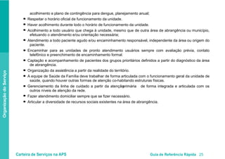 Carteira de Serviços na APS Guia de Referência Rápida 25
OrganizaçãodoServiço
acolhimento e plano de contingência para dengue, planejamento anual;
Respeitar o horário oficial de funcionamento da unidade.
Haver acolhimento durante todo o horário de funcionamento da unidade.
Acolhimento a todo usuário que chega à unidade, mesmo que de outra área de abrangência ou município,
efetuando o atendimento e/ou orientação necessária;
Atendimento a todo paciente agudo e/ou encaminhamento responsável, independente da área ou origem do
paciente.
Encaminhar para as unidades de pronto atendimento usuários sempre com avaliação prévia, contato
telefônico e preenchimento de encaminhamento formal.
Captação e acompanhamento de pacientes dos grupos prioritários definidos a partir do diagnóstico da área
de abrangência.
Organização da assistência a partir da realidade do território.
A equipe de Saúde da Família deve trabalhar de forma articulada com o funcionamento geral da unidade de
saúde, quando houver outras formas de atenção co-habitando estruturas físicas.
Gerenciamento da linha de cuidado a partir da atençãoprimária de forma integrada e articulada com os
outros níveis de atenção da rede.
Fazer atendimento domiciliar sempre que se fizer necessário.
Articular a diversidade de recursos sociais existentes na área de abrangência.●
●
●
●
●
●
●
●
●
●
●
 