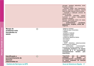 Carteira de Serviços na APS Guia de Referência Rápida 37
AtençãoCentradanoadulto/idoso
verrugas, ceratose seborréica, acne,
Rosácea, urticária)
- manchas (vitiligo, nevo hipocrômico,
pitiríase versicolor, melasma, mancha
café-com-leite, mancha vinho do porto)
- suspeição e detecção precoce de
câncer de pele;
- piodermites (foliculites, ectima,
furúnculo e antraz, hidrosadenite,
erisipela e celjulite);
Micoses superficiais (tinha do corpo,
onicomicose, candidíase)
- zoodermatoses (escabiose,
pediculoses, tungíase, miíase, larva
migrans),
Manejo de
problemas mais
prevalentes no
adulto
I - fadiga ou cansaço
- Perda de peso involuntária
- cefaléia
- vertigens e tonturas
- Dispepsia e DRGE
- náuseas e vômitos
- problemas digestivos baixos
- dor torácica
- dor lombar
- anemias
- DORT (distúrbios osteomusculares
relacionados ao trabalho)
- Cardiopatias (coronariopatia,
insuficiência cardíaca (classes I e II).
* cardiopatia isquêmica e IC classes
funcionais III e IV recomenda-se
acompanhamento também pelo
especialista.
Identificação e
acompanhamento de
doenças
relacionadas ao
I *importante que as equipes
conheçam os direitos e
encaminhamentos necessários para
os casos suspeitos de doenças
ocupacionais
 