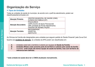Carteira de Serviços na APS Guia de Referência Rápida 5
OrganizaçãodoServiço
Organização do Serviço
● Tipos de Unidades
Todas as unidades de saúde do município, de acordo com o perfil de atendimento, podem ser
classificadas/denominadas em:
As Clínicas da Família são designações para unidades que seguem padrão do “Saúde Presente” pela Ca sa Civil.
Quanto aos modelos de atenção, as unidades da APS podem ser classificadas em:
* toda unidade de saúde deve ter o CNES atualizado mensalmente.
Atenção Primária
CENTRO MUNICIPAL DE SAÚDE (CMS)
CLÍNICA DA FAMÍLIA (CF)
Atenção Secundária
POLICLÍNICA
CAPS (Centro de Apoio Psicosocial)
UPA (Unidade de Pronto Atendimento)
CENTRO DE REABILITAÇÃO
Atenção Terciária
MATERNIDADE
HOSPITAL
INSTITUTO
A Unidades onde todo o território é coberto por equipes de Saúde da Família
B Unidades Mistas onde somente parte do território é coberto pelo saúde da família.
C Unidades onde ainda não temos equipe de saúde da família, mas com território de
referencia bem definido.
 
