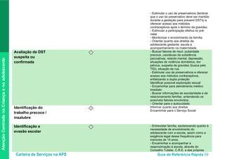Carteira de Serviços na APS Guia de Referência Rápida 59
AtençãoCentradanaCriançaenoadolescente
- Estimular o uso de preservativos (lembrar
que o uso do preservativo deve ser mantido
durante a gestação para prevenir DSTs) e
oferecer acesso aos métodos
contraceptivos após o término da gravidez.
- Estimular a participação efetiva no pré-
natal.
- Monitorizar o envolvimento da família
- Orientar quanto aos direitos da
adolescente gestante: escola e
acompanhamento na maternidade.
Avaliação de DST
suspeita ou
confirmada
I - Buscar fatores de risco: puberdade
precoce, uso/abuso de substância
psicoativas, retardo mental, depressão,
situações de violência doméstica, dor
pélvica, suspeita de gravidez (busca pelo
TIG), situação de rua.
- Estimular uso de preservativos e oferecer
acesso aos métodos contraceptivos,
enfatizando a dupla proteção
Identificar possível exploração sexual
- Encaminhar para atendimento médico
imediato
- Buscar informações de escolaridade e de
relacionamento familiar, entendendo os
possíveis fatores envolvidos.
- Orientar para o autocuidado
Identificação do
trabalho precoce /
insalubre
I Informar quanto aos direitos
Encaminhar para o Serviço Social
Identificação e
evasão escolar
I - Entrevistar família, esclarecendo quanto à
necessidade de envolvimento do
adolescente com a escola, assim como a
exigência legal desse frequência para
menores de 14 anos.
- Encaminhar e acompanhar a
reaproximação à escola, através do
Conselho Tutelar, C.R.E. e das próprias
 