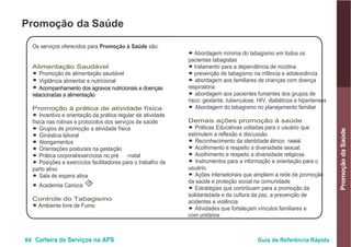 84 Carteira de Serviços na APS Guia de Referência Rápida
PromoçãodaSaúde
Promoção da Saúde
Os serviços oferecidos para Promoção à Saúde são:
Alimentação Saudável
● Promoção de alimentação saudável
● Vigilância alimentar e nutricional
● Acompanhamento dos agravos nutricionais e doenças
relacionadas a alimentação
Promoção à prática de atividade física
● Incentivo e orientação da prática regular de atividade
física nas rotinas e protocolos dos serviços de saúde
● Grupos de promoção a atividade física
● Ginástica laboral
● Alongamentos
● Orientações posturais na gestação
● Prática corporal/exercícios no pré -natal
● Posições e exercícios facilitadores para o trabalho de
parto ativo
● Sala de espera ativa
● Academia Carioca
O
Controle do Tabagismo
● Ambiente livre de Fumo
● Abordagem mínima do tabagismo em todos os
pacientes tabagistas
● tratamento para a dependência de nicotina
● prevenção de tabagismo na infância e adolescência
● abordagem aos familiares de crianças com doença
respiratória
● abordagem aos pacientes fumantes dos grupos de
risco: gestante, tuberculose, HIV, diabéticos e hipertensos
● Abordagem do tabagismo no planejamento familiar
Demais ações promoção à saúde
● Práticas Educativas voltadas para o usuário que
estimulem a reflexão e discussão.
● Reconhecimento da identidade étnico -racial.
● Acolhimento e respeito a diversidade sexual.
● Acolhimento e respeito a diversidade religiosa.
● Instrumentos para a informação e orientação para o
usuário.
● Ações intersetoriais que ampliem a rede de promoção
da saúde e proteção social na comunidade
● Estratégias que contribuam para a promoção da
solidariedade e da cultura da paz, a prevenção de
acidentes e violência
● Atividades que fortaleçam vínculos familiares e
com unitários
 