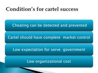 Cheating can be detected and prevented
Low organizational cost
Cartel should have complete market control
Low expectation for serve government
 