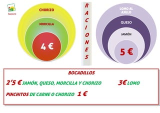 BOCADILLOS

2’5 € JAMÓN, QUESO, MORCILLA Y CHORIZO   3€ LOMO
PINCHITOS DE CARNE O CHORIZO   1€
 