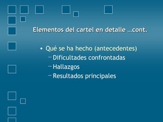 Elementos del cartel en detalle …cont.Elementos del cartel en detalle …cont.
• Qué se ha hecho (antecedentes)
−Dificultades confrontadas
−Hallazgos
−Resultados principales
 