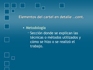 Elementos del cartel en detalle …cont.Elementos del cartel en detalle …cont.
• Metodología
−Sección donde se explican las
técnicas o métodos utilizados y
cómo se hizo o se realizó el
trabajo.
 