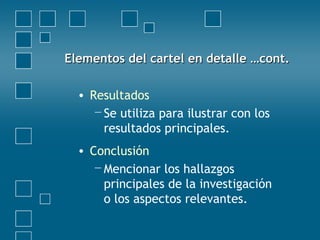 Elementos del cartel en detalle …cont.Elementos del cartel en detalle …cont.
• Resultados
−Se utiliza para ilustrar con los
resultados principales.
• Conclusión
−Mencionar los hallazgos
principales de la investigación
o los aspectos relevantes.
 