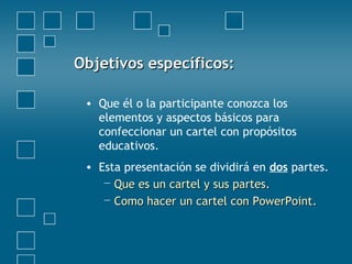 Objetivos específicos:Objetivos específicos:
• Que él o la participante conozca los
elementos y aspectos básicos para
confeccionar un cartel con propósitos
educativos.
• Esta presentación se dividirá en dos partes.
− Que es un cartel y sus partesQue es un cartel y sus partes..
− Como hacer un cartel con PowerPointComo hacer un cartel con PowerPoint..
 