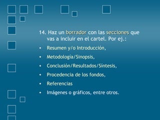 14. Haz un borradorborrador con las seccionessecciones que
vas a incluir en el cartel. Por ej.:
• Resumen y/o Introducción,
• Metodología/Sinopsis,
• Conclusión/Resultados/Síntesis,
• Procedencia de los fondos,
• Referencias
• Imágenes o gráficos, entre otros.
 