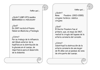 Sabías qué…
                    Sabías qué…
                                  ¿Quién?
                                  Rene      Favaloro (1923-2000)
¿Quién? (1887-1971) medico        cirujano toráxico -médico
BERNARDO A. HOUSSAY               cirujano

¿Qué?                             ¿Qué?
En 1947 recibió el Premio         El Doctor Favaloro fue el
Nobel en Medicina y Fisiología    primero, que, en mayo de 1967,
                                  realizó la cirugía del bypass de la
¿Cómo?                            arteria coronaria del corazón.
Por su trabajo de la influencia
del lóbulo anterior de la         ¿Cómo?
hipófisis en la distribución de   Substituyó la obstrucción de la
la glucosa en el cuerpo, de       arteria coronaria de una mujer
importancia para el desarrollo    de 51 años con un pedazo de vena
de la diabetes.                   de otra parte del cuerpo.
 