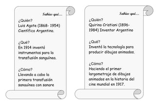 Sabías qué…                     Sabías qué…
¿Quién?                     ¿Quién?
Luis Agote (1868- 1954)     Quirino Cristiani (1896-
Científico Argentino.       1984) Inventor Argentino


¿Qué?                       ¿Qué?
En 1914 inventó             Inventó la tecnología para
instrumentos para la        producir dibujos animados.
transfusión sanguínea.
                            ¿Cómo?
¿Cómo?                      Haciendo el primer
Llevando a cabo la          largometraje de dibujos
primera transfusión         animados en la historia del
sanguínea con sangre        cine mundial en 1917.
 