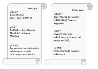 Sabías qué…
                                                Sabías qué…
¿Quién?
Cesar Milstein                  ¿Quién?
(1927-2002) científico          Raúl Pateras de Pescara
                                (1890-1966) Inventor
                                Argentino.
¿Qué?
En 1984 recibió el Premio       ¿Qué?
Nobel de Fisiología y           Inventó el primer
Medicina
                                helicóptero eficiente del
                                mundo en 1916.

¿Cómo?
Por estudios realizados sobre   ¿Cómo?
células secretoras de           Perfeccionando modelos
anticuerpos monoclonales.       anteriores.
 
